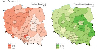 Karte: Polen: Wahlen zum Sejm 2007 – Stimmenanteil von LiD und PSL