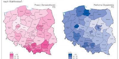 Karte: Polen: Wahlen zum Sejm 2005 – Stimmenanteil von PiS und PO