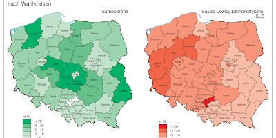 Karte: Polen: Wahlen zum Sejm 2005 – Stimmenanteil von Samoobrona und SLD