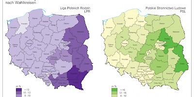 Karte: Polen: Wahlen zum Sejm 2005 – Stimmenanteil von LPR und PSL