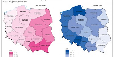 Karte: Polen: Präsidentschaftswahl 2005. Erster Wahlgang – Stimmanteile von L. Kaczyński und D. Tusk