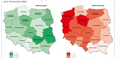 Karte: Polen: Präsidentschaftswahl 2005. Erster Wahlgang – Stimmanteile von A. Lepper und M. Borowski