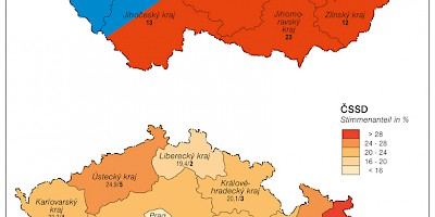 Karte: Tschechien: Parlamentswahlen 2010 – Mandate und Stimmenanteil ČSSD
