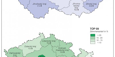 Karte: Tschechien: Parlamentswahlen 2010 – Stimmenanteil von ODS und TOP 09