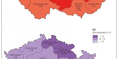 Karte: Tschechien: Parlamentswahlen 2010 – Stimmenanteil von KSČM und VV