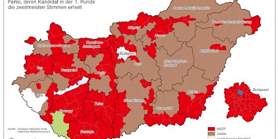 Karte: Ungarn: Parlamentswahlen 2010 – Zweitplatzierte in Einpersonenwahlkreisen