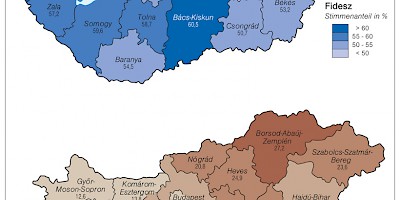 Karte: Ungarn: Parlamentswahlen 2010 – Stimmenanteil von Fidesz und Jobbik