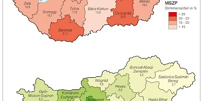 Karte: Ungarn: Parlamentswahlen 2010 – Stimmenanteil von MSZP und LMP