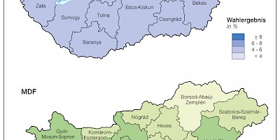 Karte: Ungarn: Parlamentswahlen 2006 – Stimmenanteil von SZDSZ und MDF