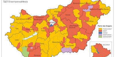 Karte: Ungarn: Parlamentswahlen 2006 – Erfolgreiche Parteien in der Mehrheitswahl