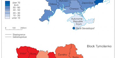 Karte: Ukraine: Parlamentswahl 2007 – Stimmenanteil von Partei der Regionen und Block Timošenko