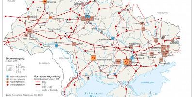 Karte: Ukraine: Kraftwerke und Stromversorgung (2010)