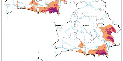 Karte: Belarus: Belastung der Böden mit Cäsium-137, 2001, 2016, 2046