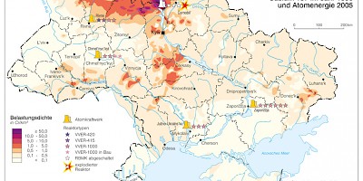 Karte: Ukraine: Belastung der Böden mit Cäsium-137, 1990 und Atomenergie 2005