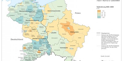 Karte: Deutsch-polnisches Grenzgebiet: Bevölkerungsentwicklung