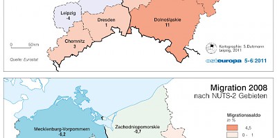Karte: Deutsch-polnisches Grenzgebiet: Wirtschaftskraft und Migration