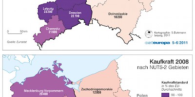 Karte: Deutsch-polnisches Grenzgebiet: BIP pro Kopf und Kaufkraft 2008