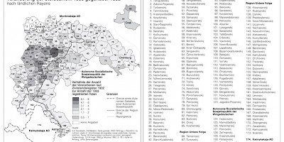 Karte: Der Holodomor: Veränderung der Sterbeziffern 1933 gegenüber 1932 an der Mittleren und Unteren Volga