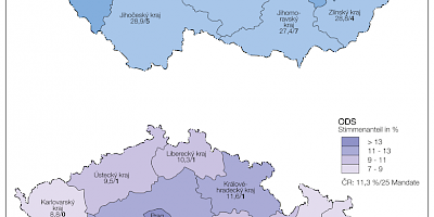 Karte: Tschechien: Parlamentswahlen 2017 – Stimmenanteil von ANO und ODS