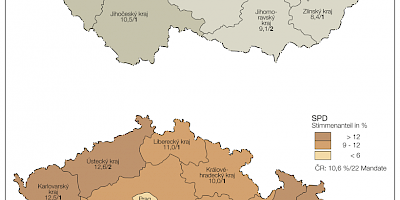 Karte: Tschechien: Parlamentswahlen 2017 – Stimmenanteil von Piráti und SPD