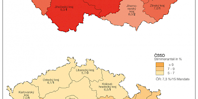 Karte: Tschechien: Parlamentswahlen 2017 – Stimmenanteil von KSČM und ČSSD