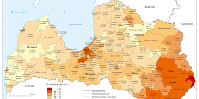 Karte: Lettland: Parlamentswahlen 2011 – Stimmenanteil von Saskanas Centrs