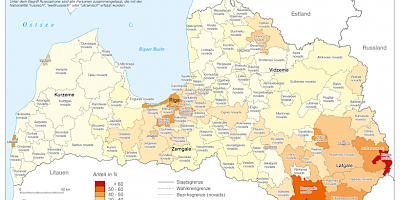 Karte: Lettland: Anteil der Russophonen nach Bezirken 2011