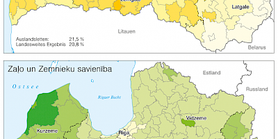 Karte: Lettland: Parlamentswahlen 2011 – Stimmenanteil von Nacionãlã Apvienîba und Zaļo un Zemnieku savienîba