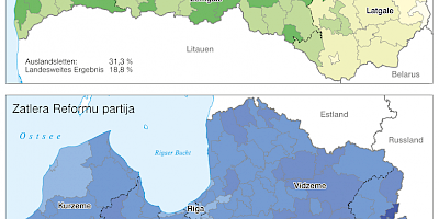 Karte: Lettland: Parlamentswahlen 2011 – Stimmenanteil von Vienotîba und Zatlera Reformu partija