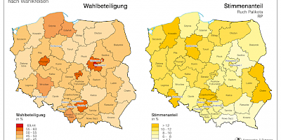 Karte: Polen: Wahlen zum Sejm 2011 – Wahlbeteiligung und Stimmenanteil RP