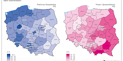 Karte: Polen: Wahlen zum Sejm 2011 – Stimmenanteil von PO und PiS