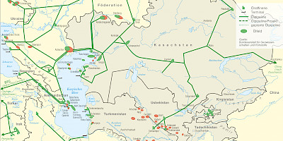 Karte: Zentralasien: Erdöl – Felder und Pipelines (2013)