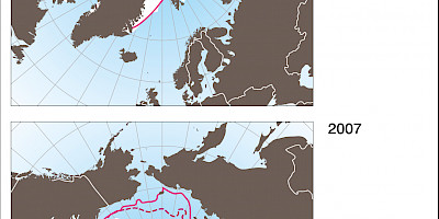 Karte: Eisbedeckung des Nordpolarmeers 1987 und 2007