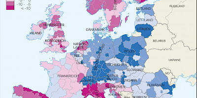 Karte: Entwicklung der Wirtschaftskraft in Europa 2008-2014