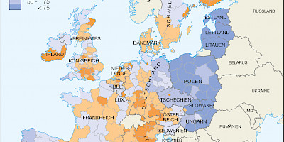 Karte: Wirtschaftskraft in Europa 2002 nach NUTS-2-Regionen