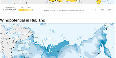 Karte: Russland: Solarpotential und Windpotential