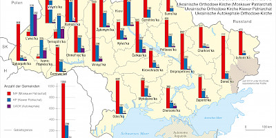 Karte: Ukraine: Gemeinden der drei orthodoxen Kirchen 2018