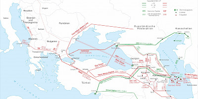 Karte: Kaspi-Schwarzmeer-Raum. Erdöl- und Erdgaspipelines (2018)