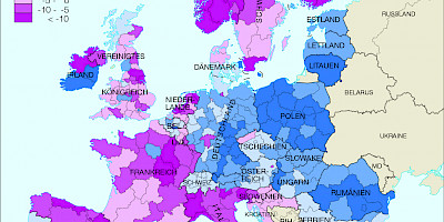 Karte: Europa: Entwicklung der Wirtschaftskraft 2007-2016 nach NUTS-2-Region