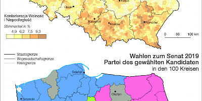 Karte: Wahlen zum Sejm 2019: Stimmenanteil nach Gemeinden: KWiN – Wahlen zum Senat: Partei des gewählten Kandidaten in den 100 Kreisen