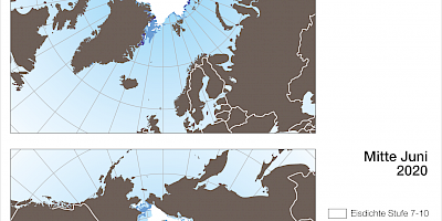 Karte: Eisbedeckung des Nordpolarmeers 2019 und 2020