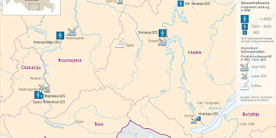 Karte: Russland: Wasserkraft und Metallurgie im südlichen Ostsibirien (2020)