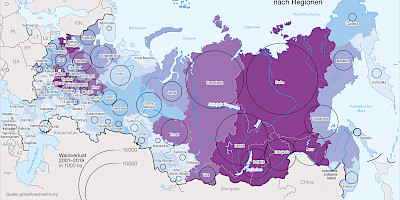 Karte: Russland: Rückgang der Waldfläche nach Regionen