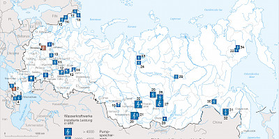 Karte: Russland: Große Wasserkraftwerke (2020)