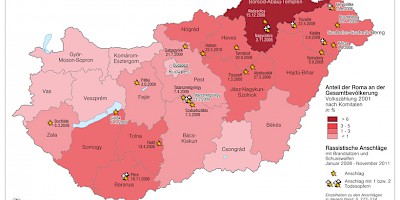 Karte: Roma in Ungarn. Bevölkerungsanteil und rassistische Anschläge