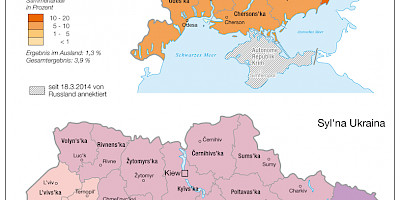 Karte: Ukraine: Parlamentswahlen Oktober 2014 – Stimmenanteil von KPU und Syl'na Ukraina
