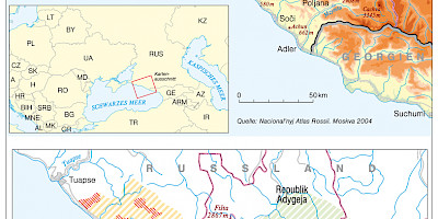 Karte: Sotschi 2014: Topographie Nordkaukasus und Planungen für die Olympischen Spiele