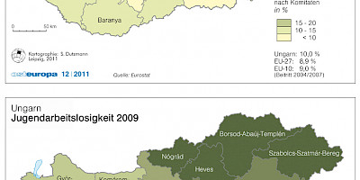 Karte: Ungarn: Arbeitslosigkeit und Jugendarbeitslosigkeit 2009