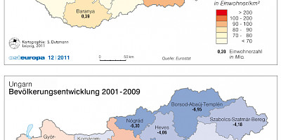 Karte: Ungarn: Bevölkerungsdichte und -entwicklung 2001-2009