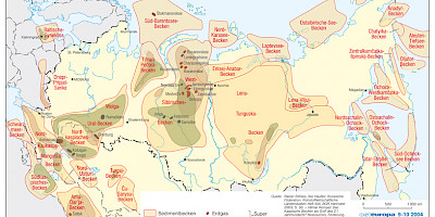 Karte: Eurasien: Sedimentbecken mit Kohlenwasserstoffvorkommen